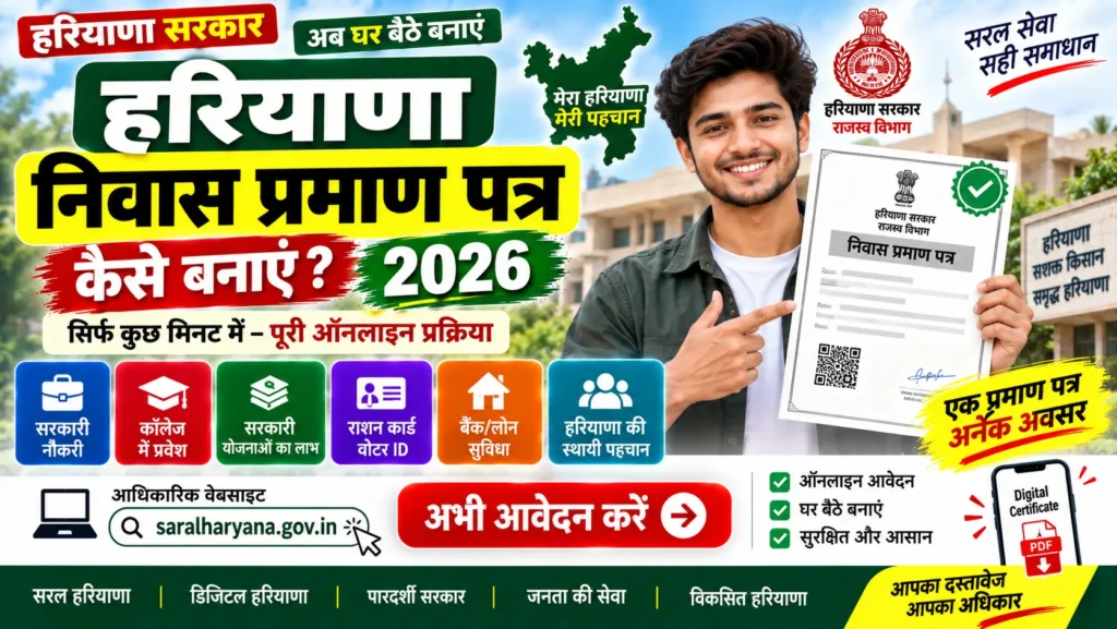 Haryana Residence Certificate online application 2026 on Saral Portal, domicile certificate registration process, 3 years residency proof required, Family ID mandatory, free application, 7-15 days processing, step by step guide in Hindi