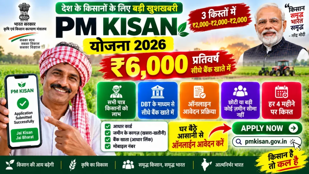 PM Kisan Yojana online apply process 2026, Rs 6000 annual benefit for farmers, registration documents eligibility eKYC mandatory status check installment dates complete guide in Hindi