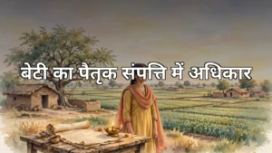 पैतृक खेत के सामने खड़ी युवती और ज़मीन के दस्तावेज़ — बेटियों के पैतृक संपत्ति में अधिकार की जानकारी