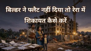 अधूरी इमारत के सामने परेशान खरीदार परिवार और कानूनी कागज़ात — रेरा में शिकायत की प्रक्रिया की जानकारी