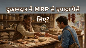 दुकान पर सामान का पैकेट और बिल — MRP से ज़्यादा दाम वसूलने के ख़िलाफ़ कानूनी जानकारी