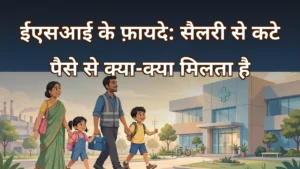कारख़ाने में काम करता मज़दूर अपने परिवार के साथ ESIC अस्पताल की ओर — कर्मचारी राज्य बीमा योजना के फ़ायदे, बीमारी भत्ता और मुफ़्त चिकित्सा की जानकारी