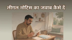 घर पर लीगल नोटिस का लिफाफा पढ़ता व्यक्ति और मेज़ पर कागज़ात — लीगल नोटिस का जवाब देने की कानूनी प्रक्रिया की जानकारी