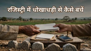 रजिस्ट्री में धोखाधड़ी से बचने के लिए ज़मीन के दस्तावेज़ों की जांच करते खरीदार