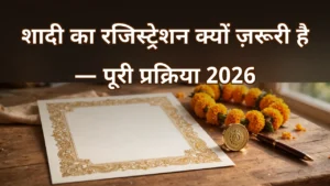 शादी का विवाह पंजीकरण प्रमाणपत्र, मुहर और गेंदा फूलों की माला — मैरिज सर्टिफिकेट प्रक्रिया