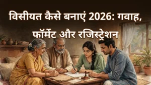 बुजुर्ग दंपत्ति बच्चों के साथ संपत्ति दस्तावेज़ पर हस्ताक्षर करते हुए — वसीयत बनाने की कानूनी जानकारी